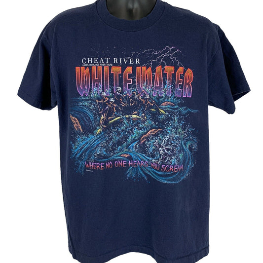 Vintage 90s White Water Rafting Cheat River T Shirt Mens Large Made In USA Blue - Neon Vintage