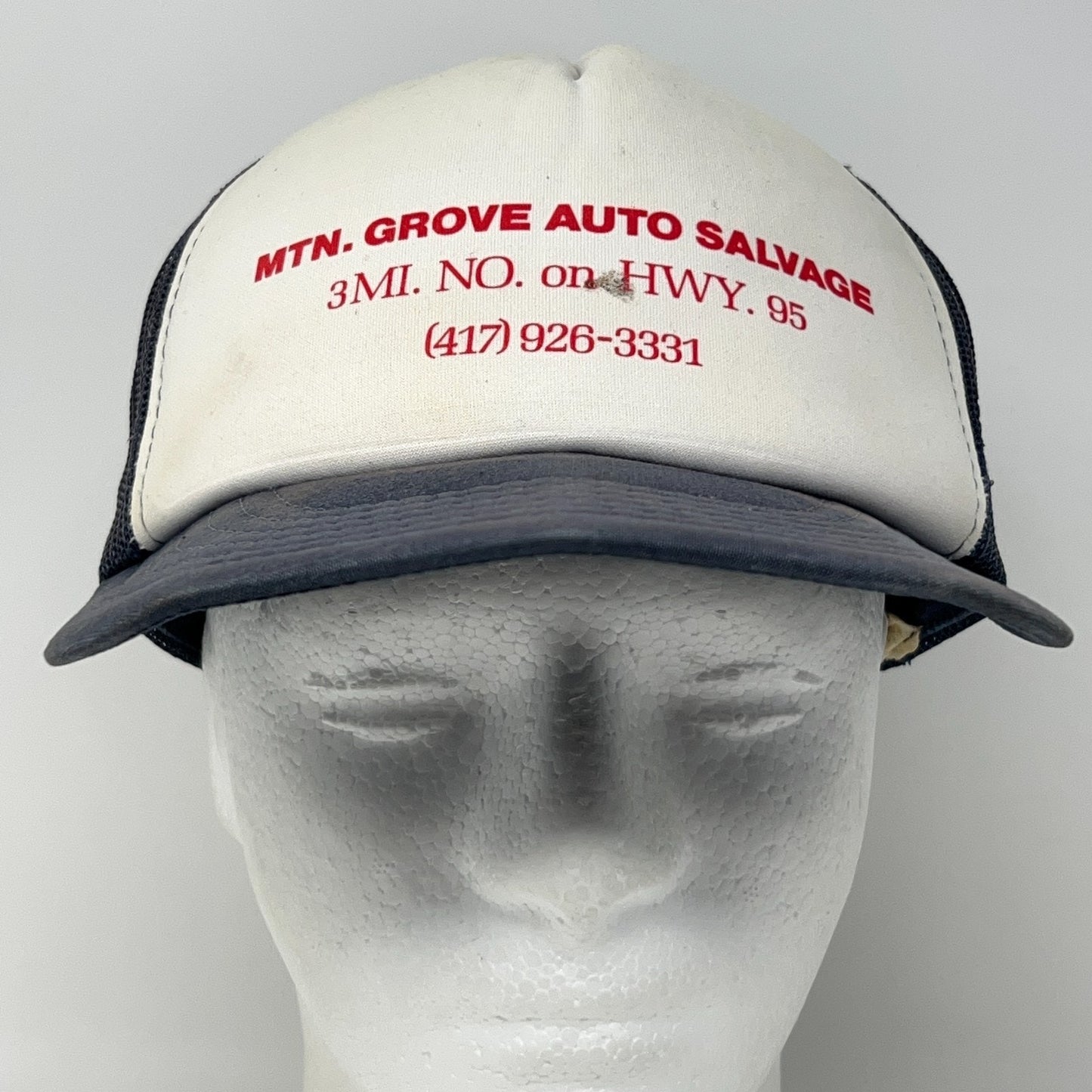 Vintage 80s Mountain Grove Auto Salvage Trucker Hat Baseball Cap Snapback Blue