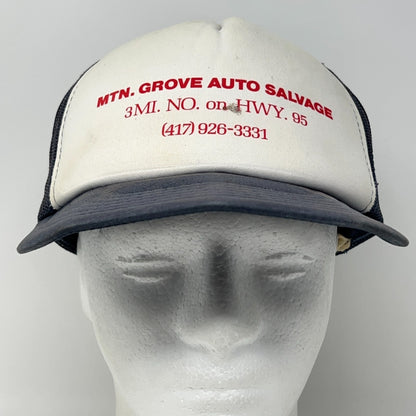 Vintage 80s Mountain Grove Auto Salvage Trucker Hat Baseball Cap Snapback Blue