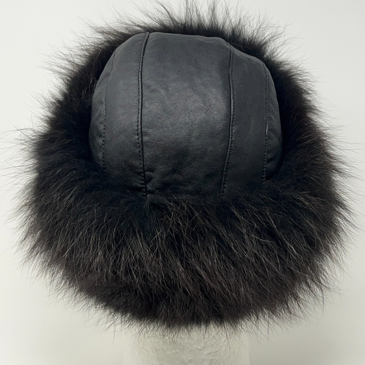 Leather and Fur Mongolian Cossack Roller Hat 59cm Black Brown Quilted Vintage