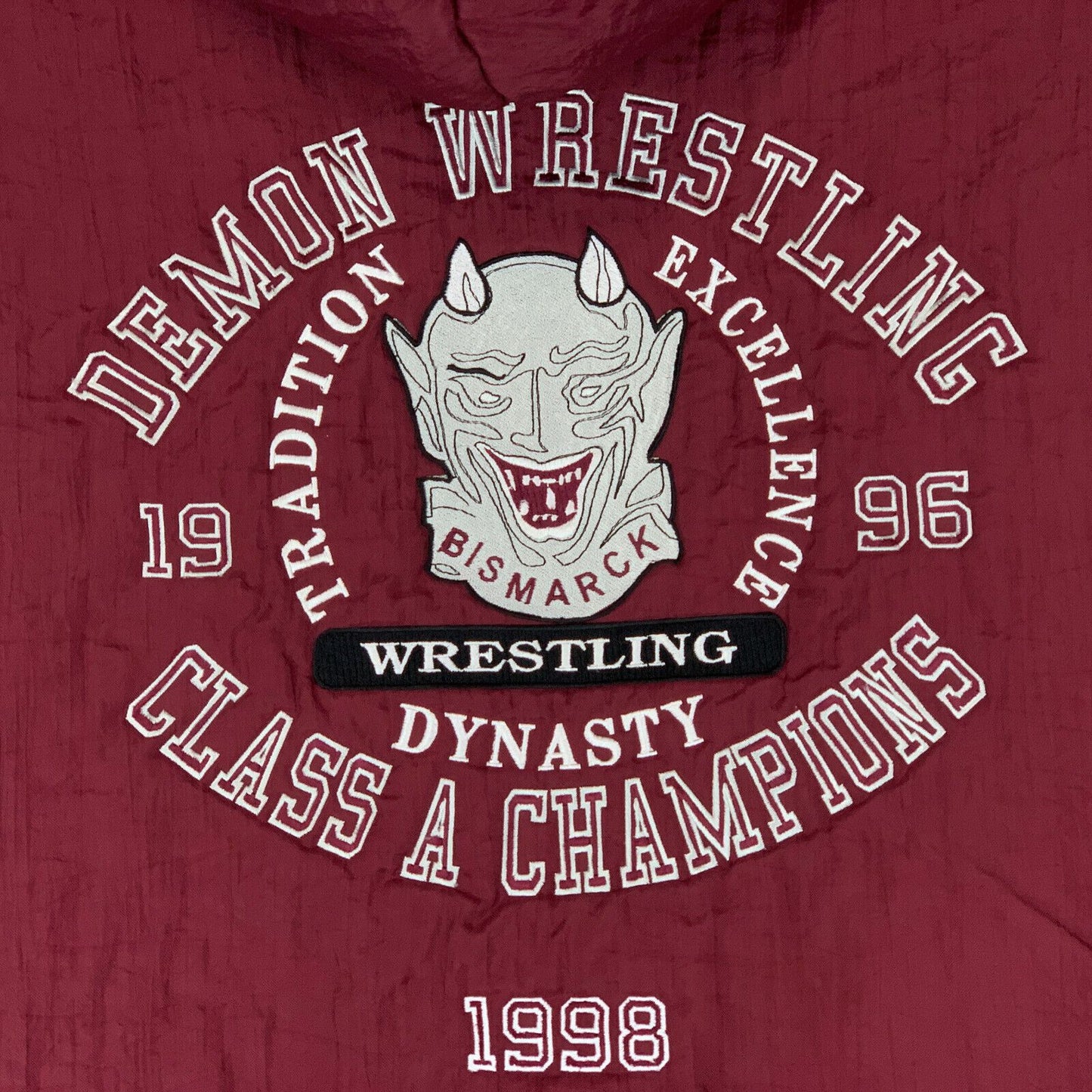 Demon Wrestling Champions Vintage 90s Puffy Chaqueta con capucha Bismarck USA Grande