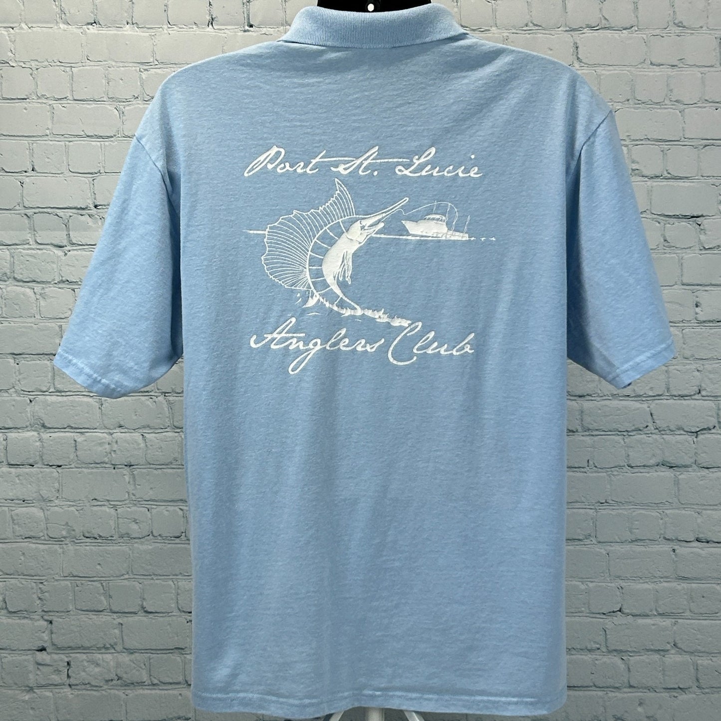 Vintage 90s Port St Lucie PSL Anglers Club Polo Shirt Fishing Blue Mens L Large