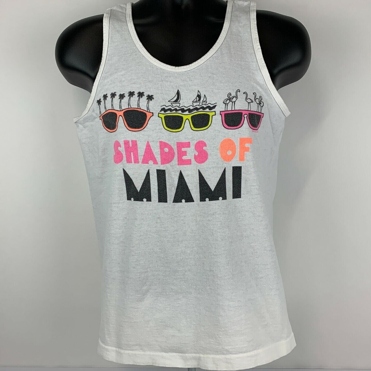 Shades of Miami Florida Vintage 80s Tank Top T Shirt Small Sunglasses Mens White