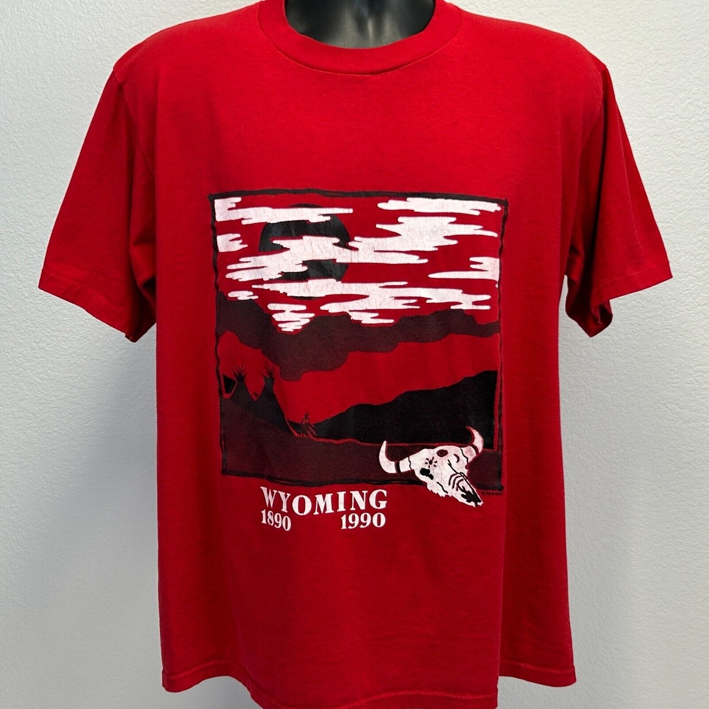 Vintage Wyoming T Shirt Large 90s 1890-1990 Centennial Made In USA Tee Mens Red