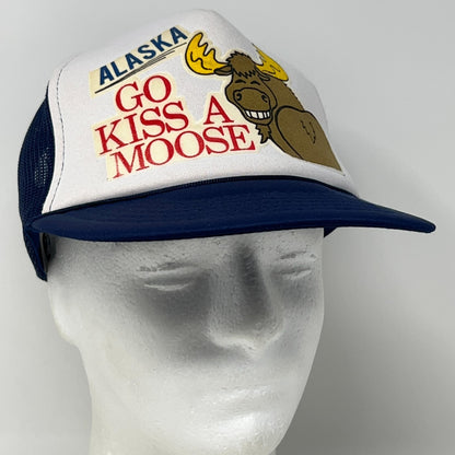 Vintage 80s Alaska Go Kiss a Moose Trucker Hat Baseball Cap Mesh Snapback Blue