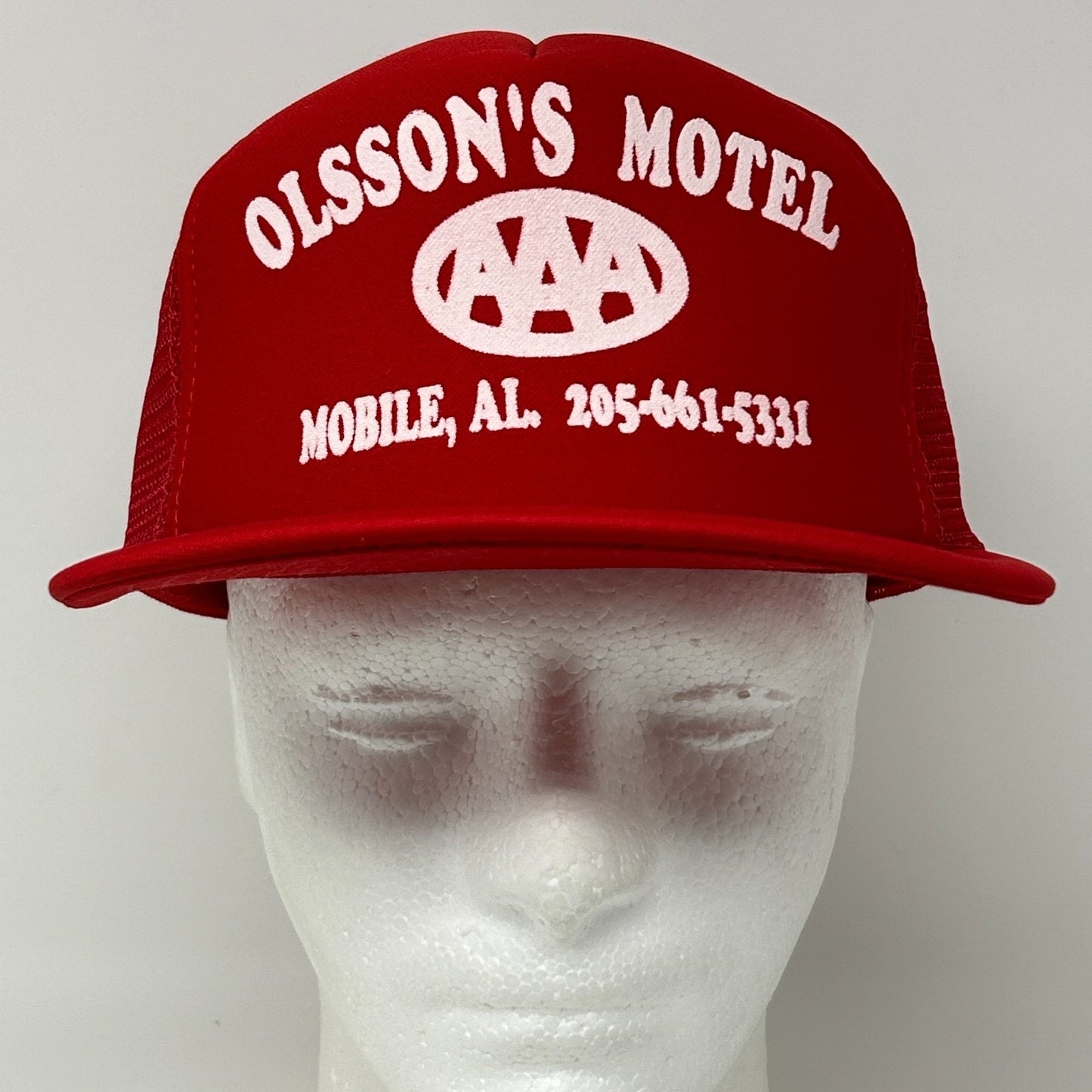 Vintage Olssons Motel Trucker Hat Cap Red 80s Mobile Alabama AAA Mesh Snapback