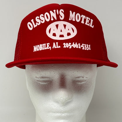 Vintage Olssons Motel Trucker Hat Cap Red 80s Mobile Alabama AAA Mesh Snapback