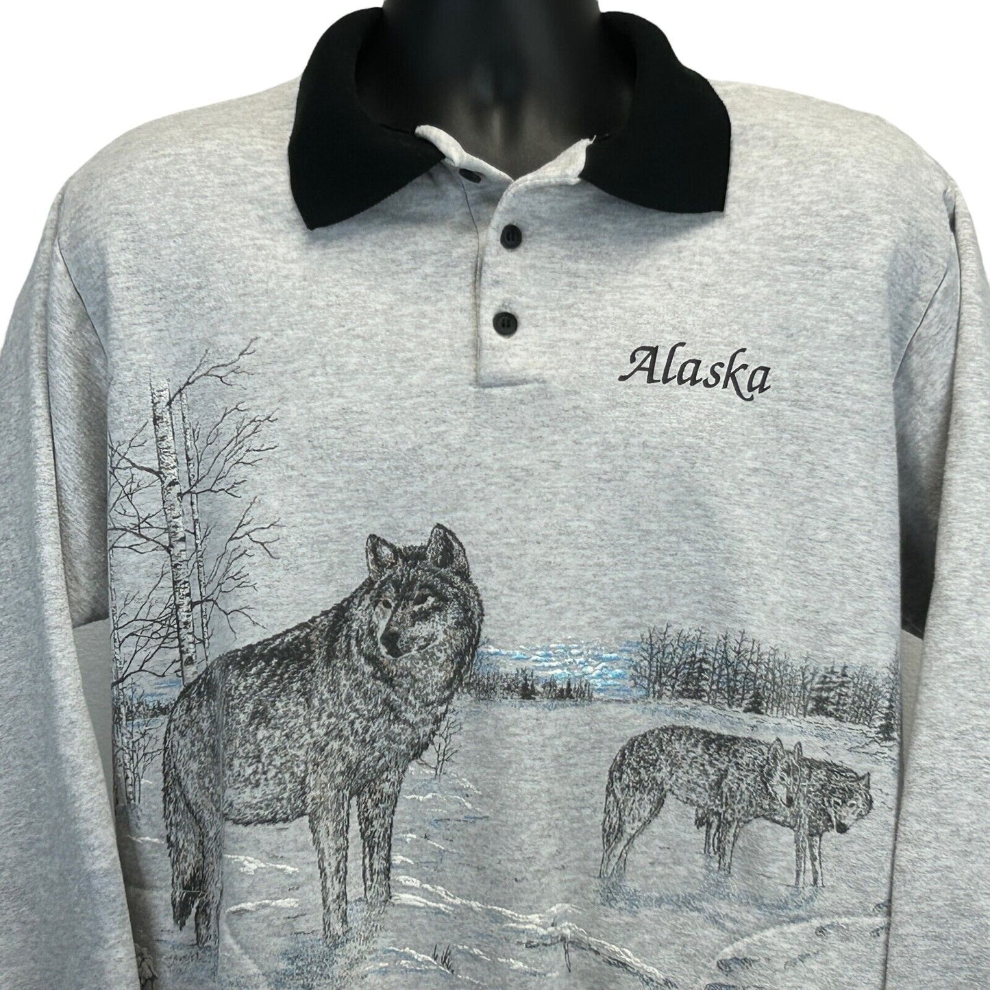 Alaskan Wolves Vintage 90s Collared Polo Sweatshirt Wolf Nature USA Made Large