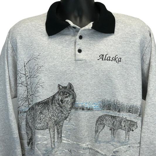 Lobos de Alaska Vintage 90s cuello polo sudadera lobo naturaleza EE.UU. hecho grande