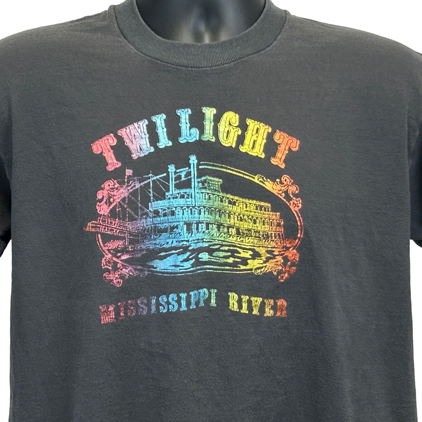 Camiseta de barco fluvial Mississippi Twilight River, talla grande, vintage, años 80, para hombre, color negro