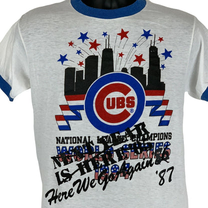 Camiseta con cuello redondo vintage de los Chicago Cubs World Series de los años 80, talla pequeña, MLB, EE. UU., para hombre, color blanco