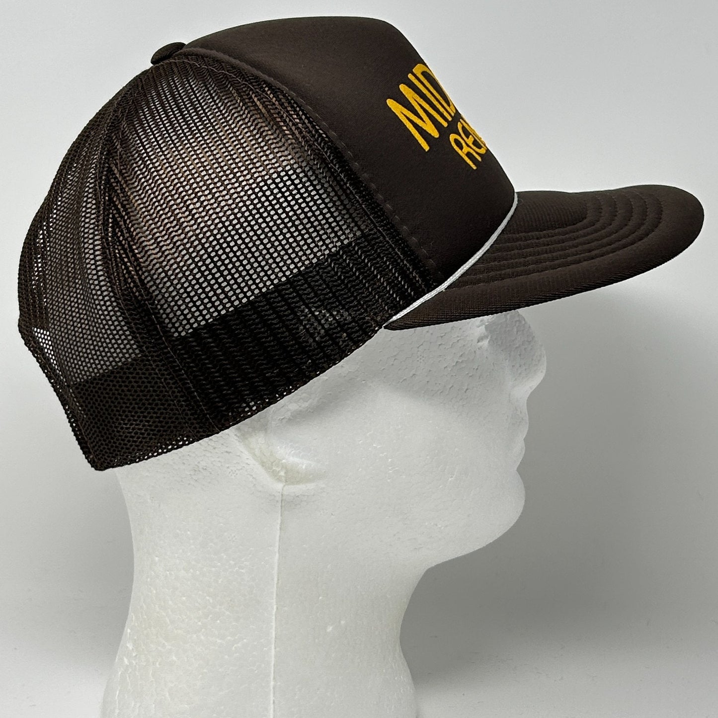Vintage Midway Rent All Trucker Hat Cap Brown 80s Foam Front Mesh Snapback Rope
