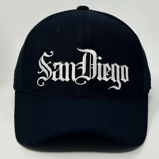 San Diego California Hat Baseball Cap Script 6 Panel Wool Blend Strapback Black