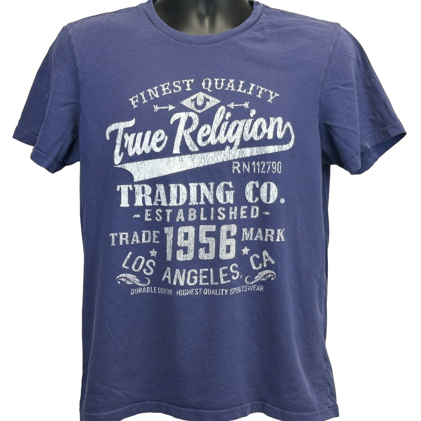 Camiseta True Religion Trading Co., tamaño mediano, con gráfico del logotipo de Los Ángeles, para hombre, color azul