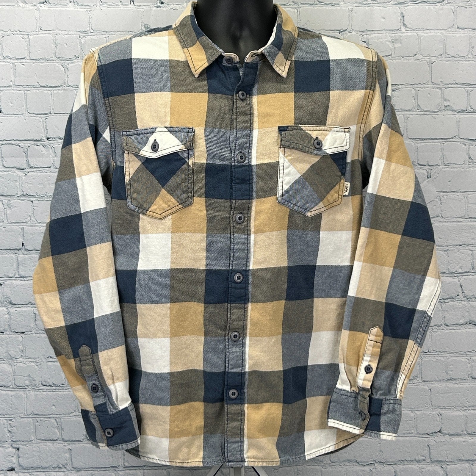 Vans Flannel Button Front Shirt Beige Check Plaid Skater Skateboarding L Large - Neon Vintage