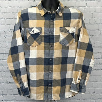Vans Flannel Button Front Shirt Beige Check Plaid Skater Skateboarding L Large - Neon Vintage