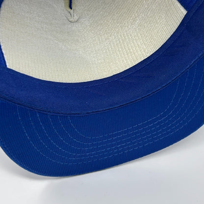 Vintage Jockey Brand Trucker Hat Cap Blue 80s Logo Mesh Snapback Foam Front