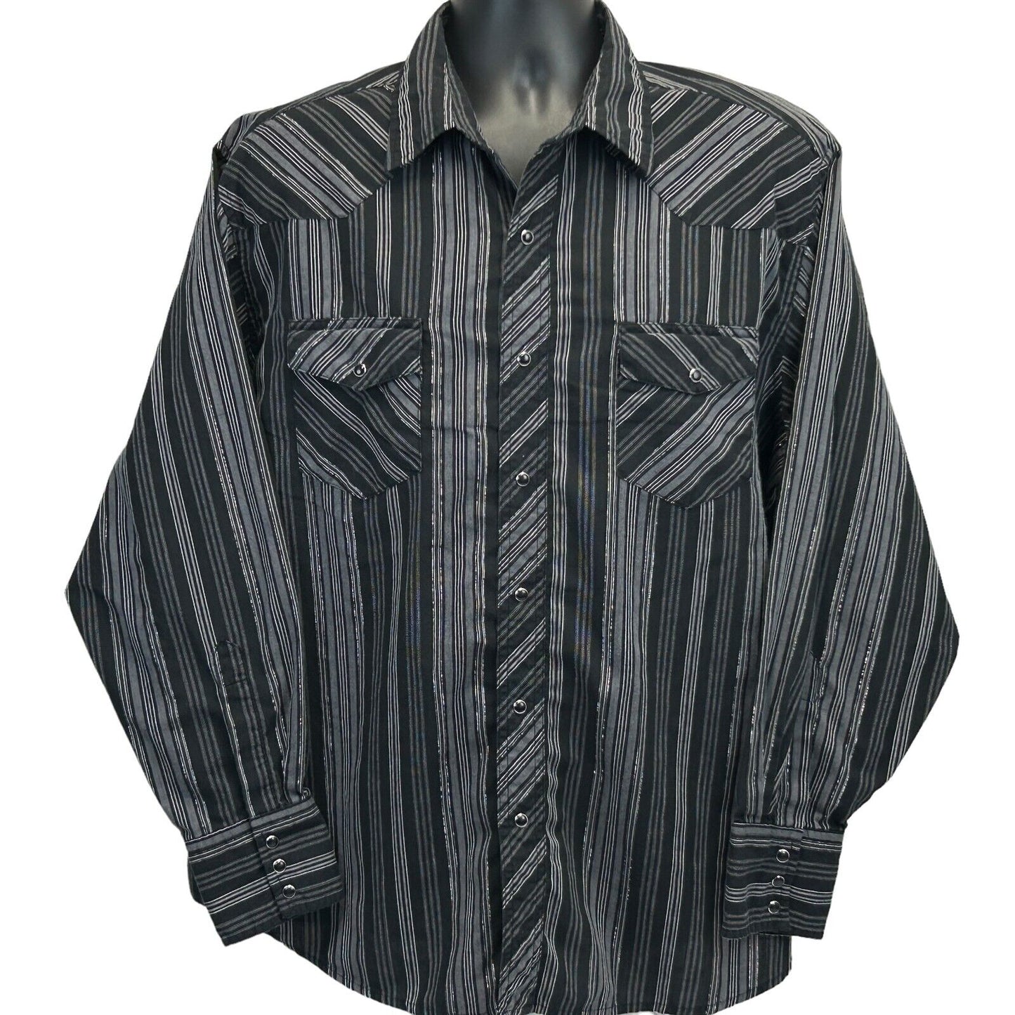 Camisa Wrangler plateada con rayas vintage de los años 90 con broche de perlas talla 2XL XXL Western para hombre, color negro