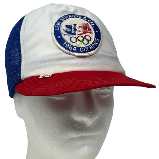 Vintage 80s Levi Strauss 1984 Olympics Trucker Hat Cap Blue Levis Mesh Snapback