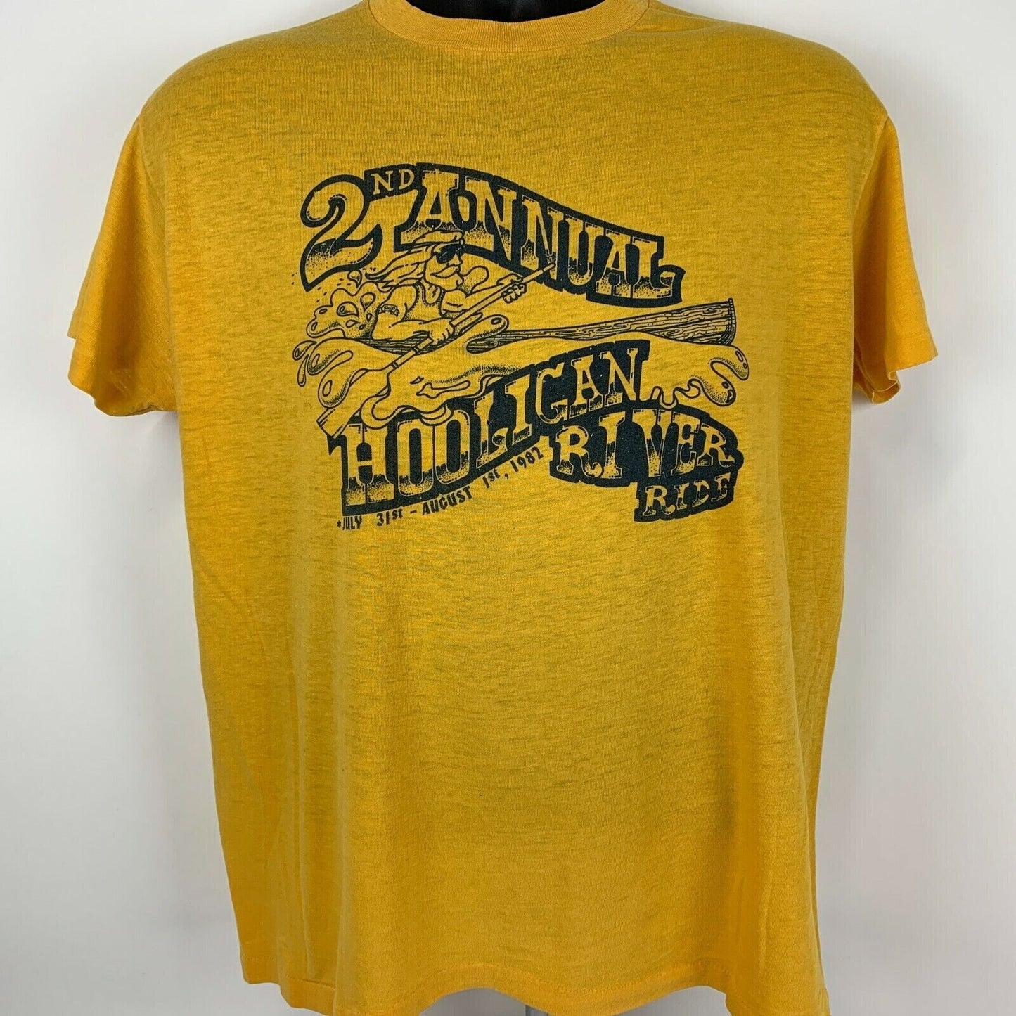 Hooligan River Ride Vintage 80s T Shirt Large Maxwell Iowa Canoe Mens Yellow