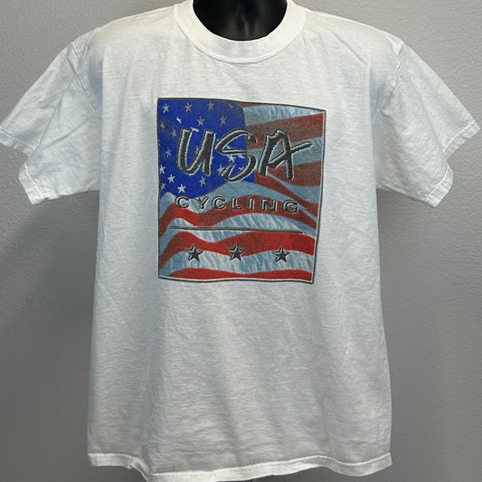 Vintage 90s USA Cycling USCF T Shirt Summer Olympics Bicycling White L Large