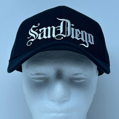 San Diego California Hat Baseball Cap Script 6 Panel Wool Blend Strapback Black