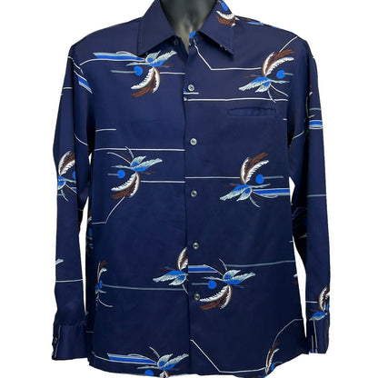 Mark Raysten Vintage 60s Button Front Shirt Medium Hawaii Malihini Mens Blue