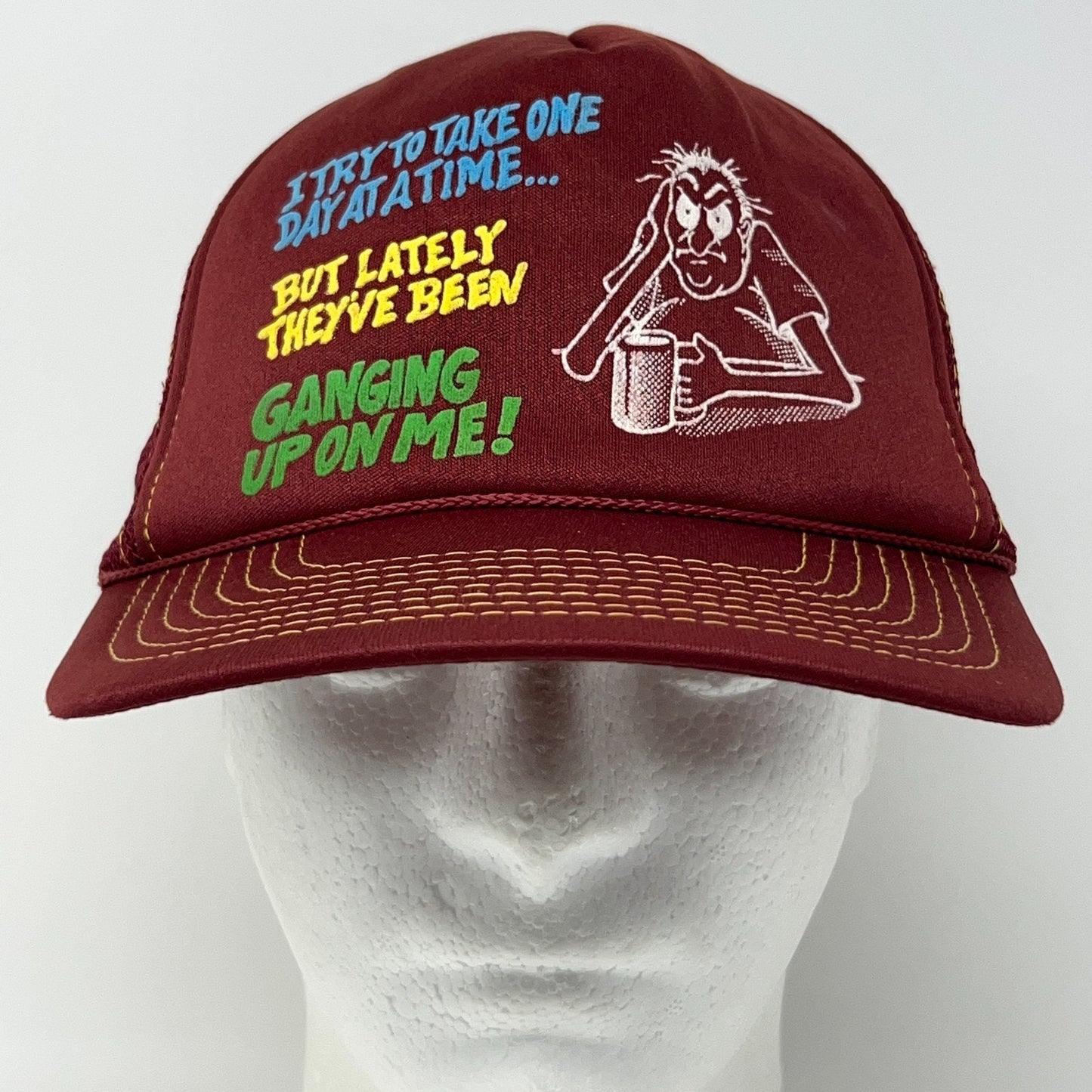 Vintage 80s Take One Day At A TIme Trucker Hat Baseball Cap Funny Snapback Red