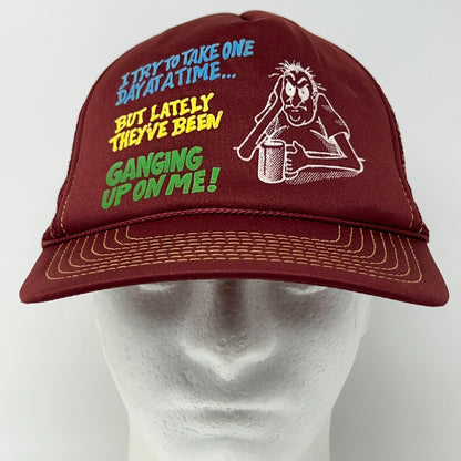 Vintage 80s Take One Day At A TIme Trucker Hat Baseball Cap Funny Snapback Red