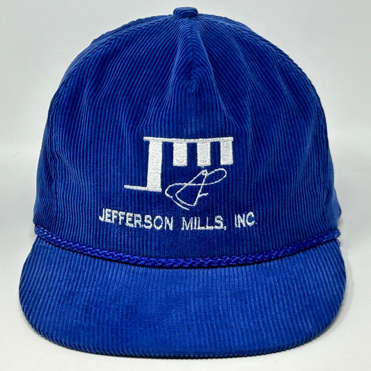 Vintage 80s Jefferson Mills Inc Hat Baseball Cap Blue Corduroy Georgia Strapback