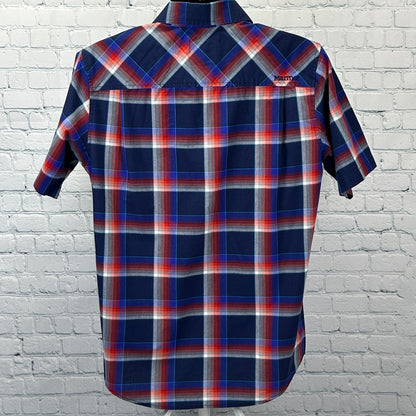 Marmot Button Front Shirt Blue Plaid Shilla Peru Inspired Short Sleeve M Medium