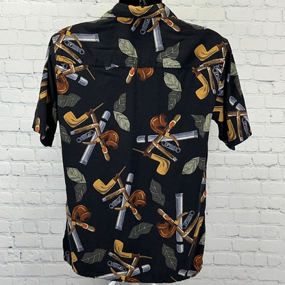 Paradise Coves Cigars Silk Hawaiian Camp Shirt Mens M Medium Black Button Front