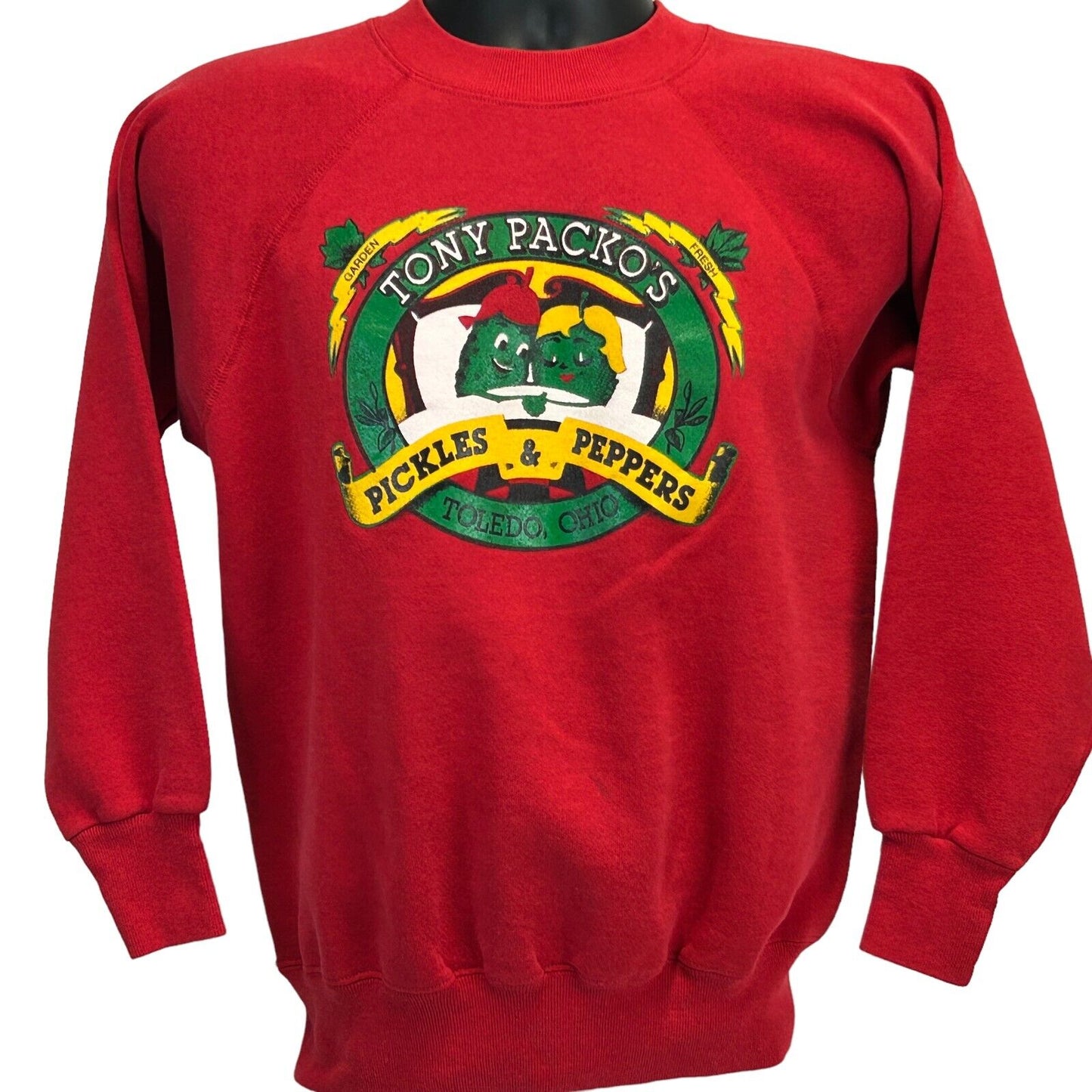 Sudadera vintage de Tony Packos Pickles &amp; Peppers para hombre, talla pequeña, Toledo, Ohio, años 90, color rojo