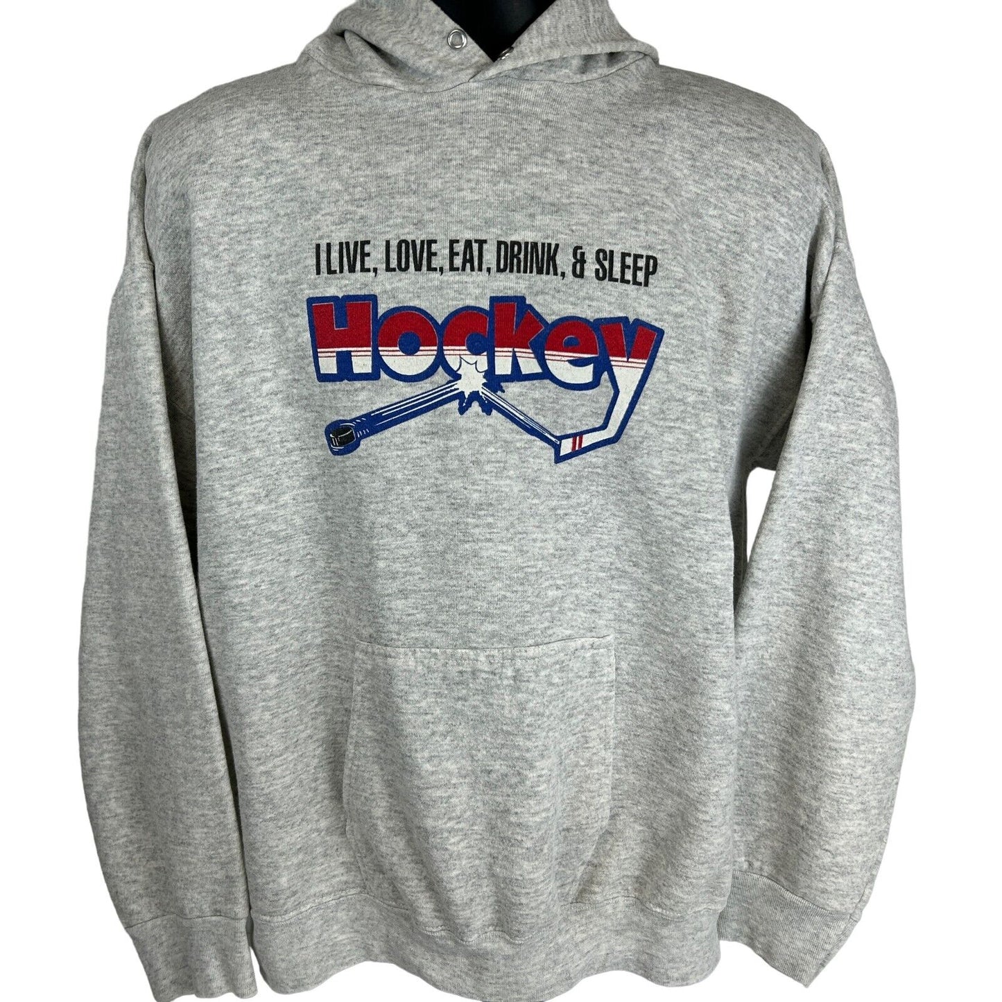 Sudadera con capucha vintage de los años 90 con texto "I Live Hockey", talla XXL, 2XL, color gris, para hombre, fabricada en EE. UU.