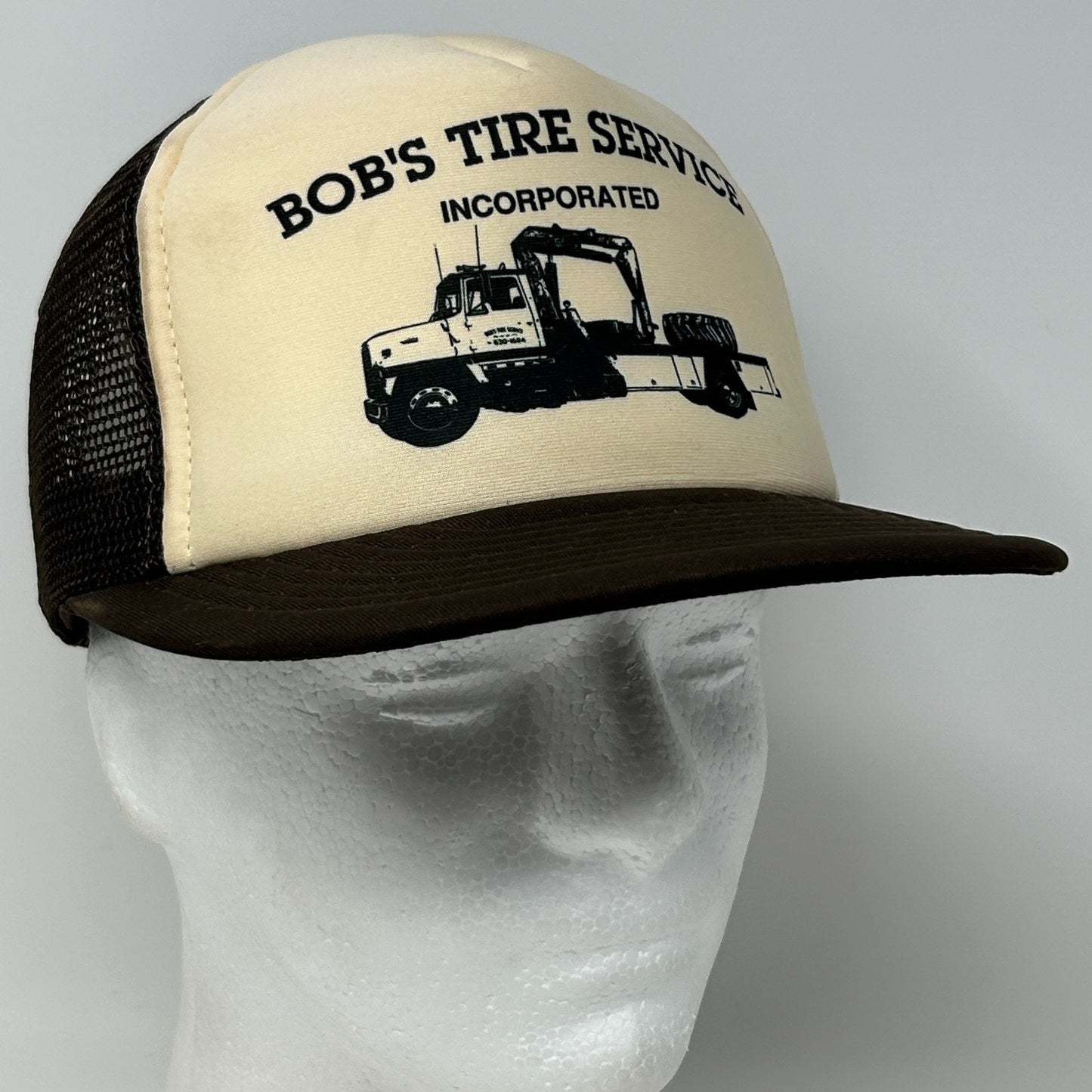 Vintage 80s Bobs Tire Service Trucker Hat Baseball Cap Mesh Snapback Brown