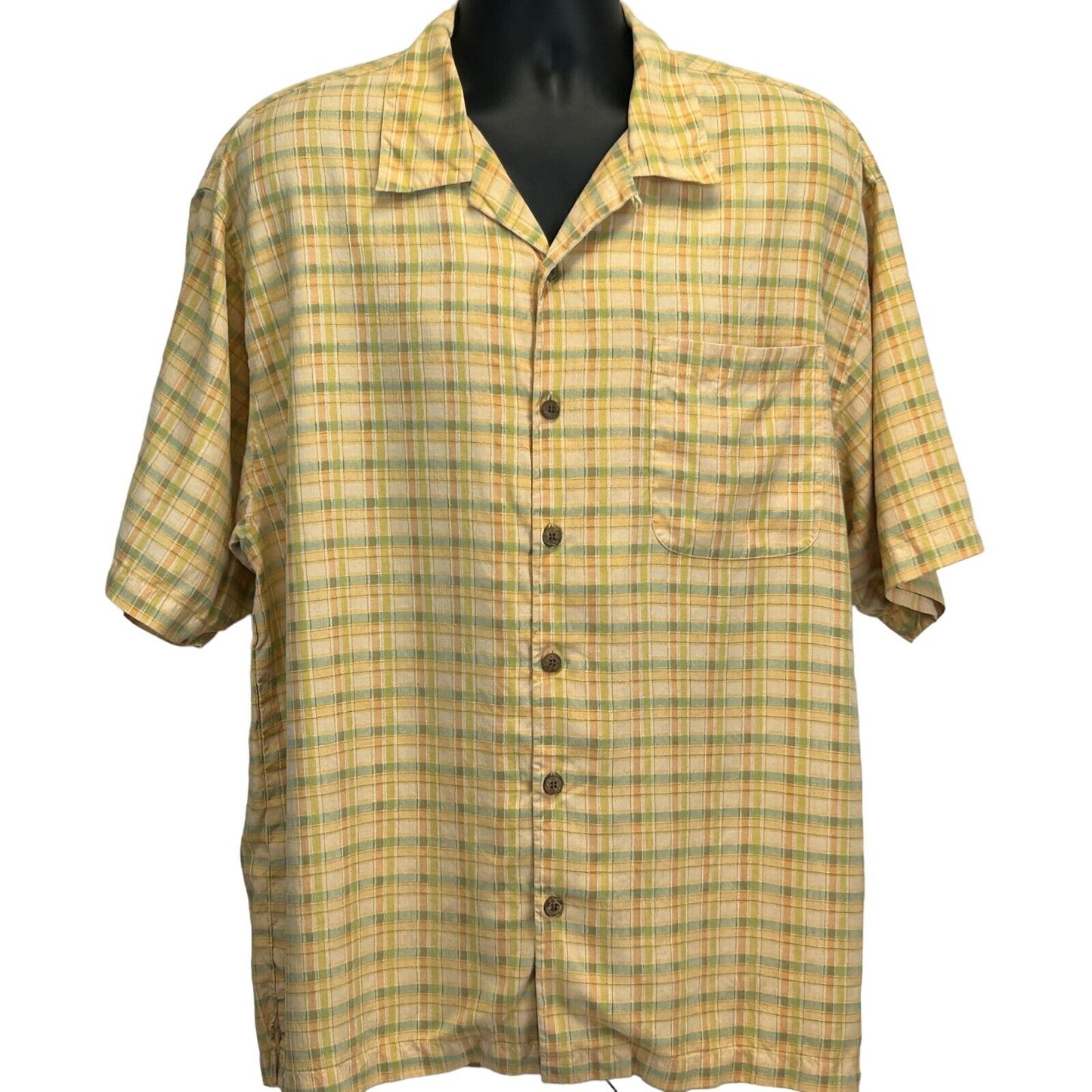 Tommy Bahama Silk Plaid Hawaiian Button Front Camp Shirt Orange Short Sleeve XL