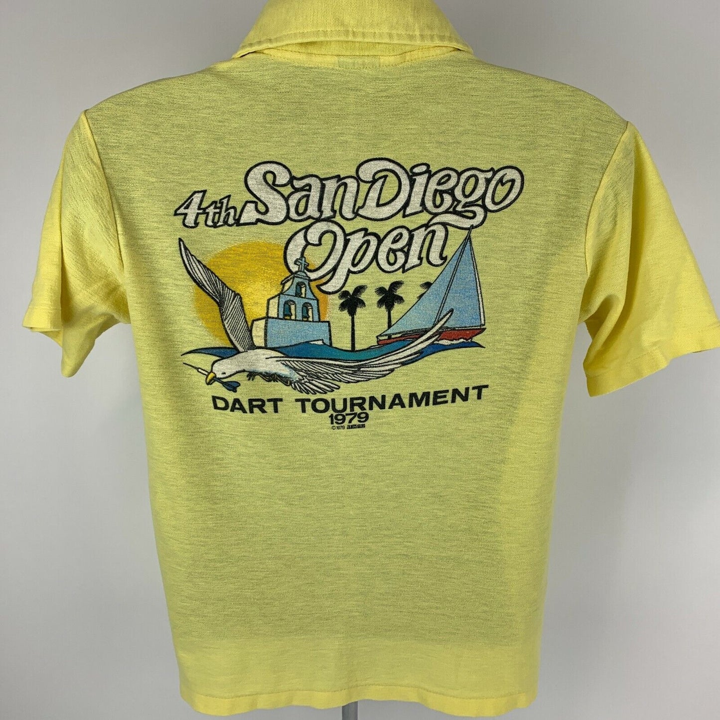 San Diego Open Dart Tournament Vintage 70s Polo Shirt Medium Darts Mens Yellow