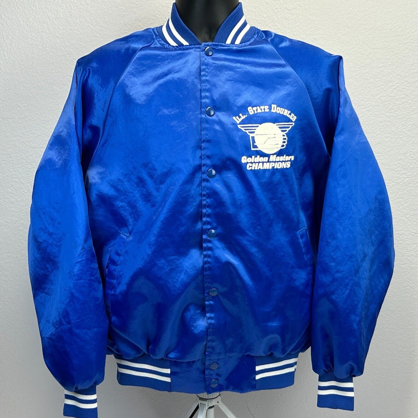 Chaqueta de satén vintage de campeones de balonmano del estado de Illinois para hombre, talla extragrande, azul, IHA, años 90