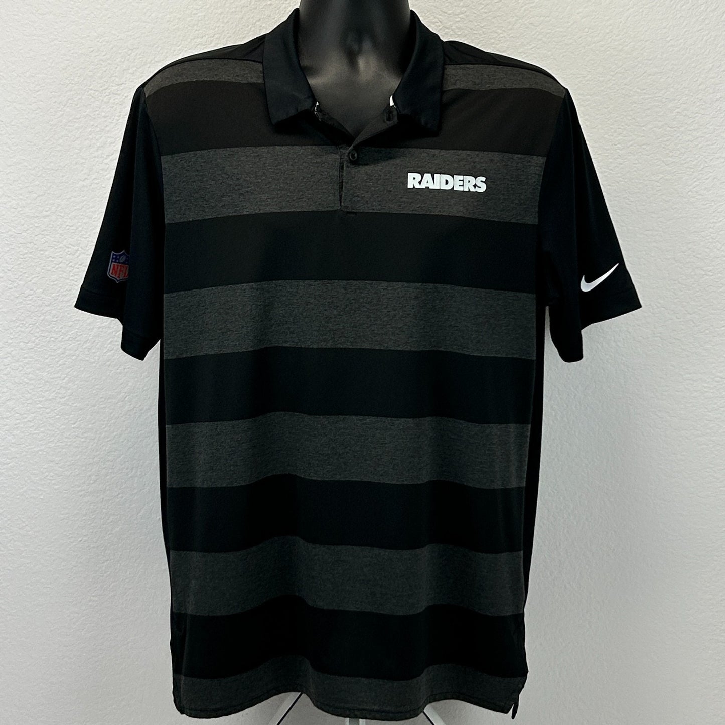 Las Vegas Raiders Polo Shirt Black Striped NFL On Field SS Nike Dri Fit L Large