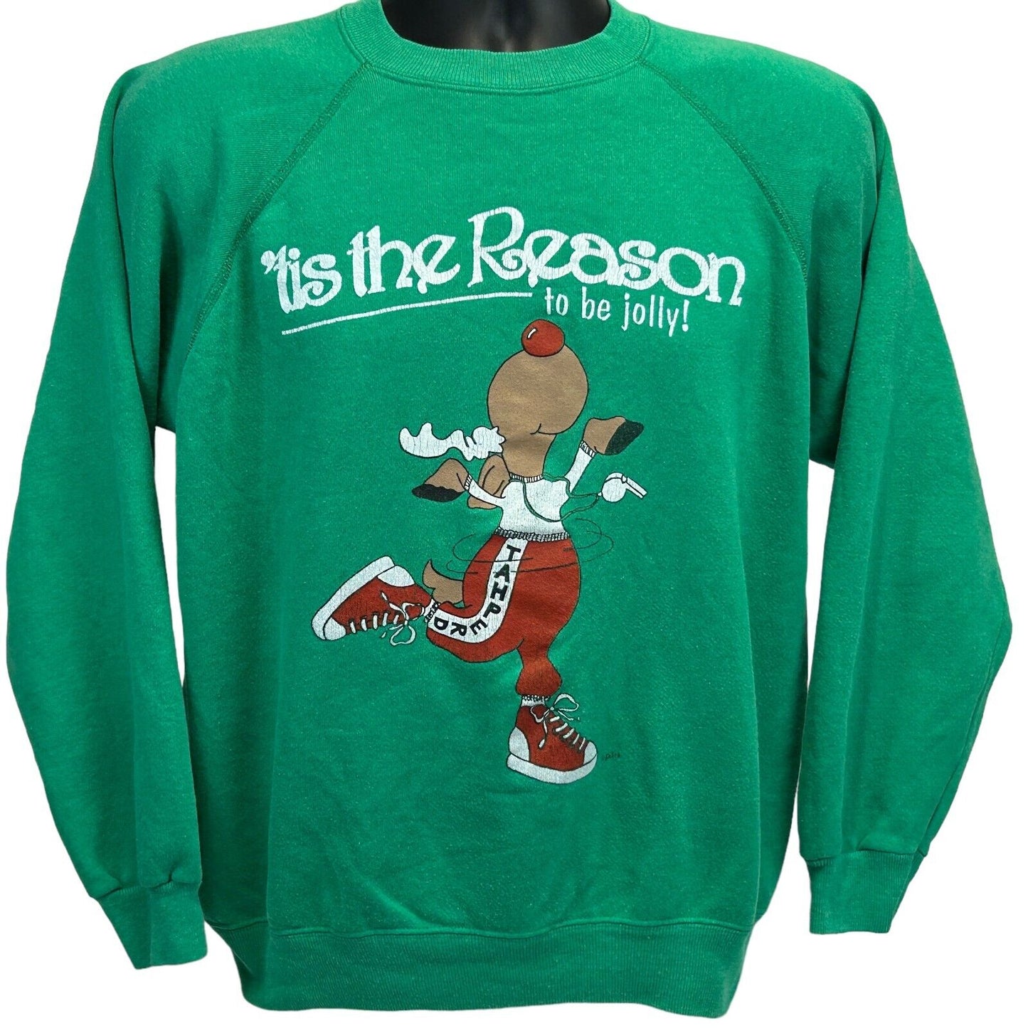 Christmas Reindeer Vintage 80s Sweatshirt Medium TAHPERD Rudolph Mens Green