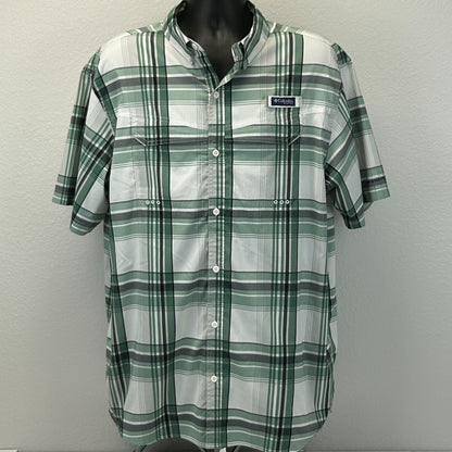 Columbia PFG Super Low Drag Button Front Shirt Fishing SS Plaid Green XL X-Large