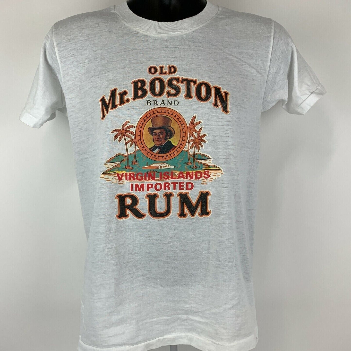 Old Mr Boston Brand Rum Vintage 70s T Shirt Small Virgin Islands Mens White