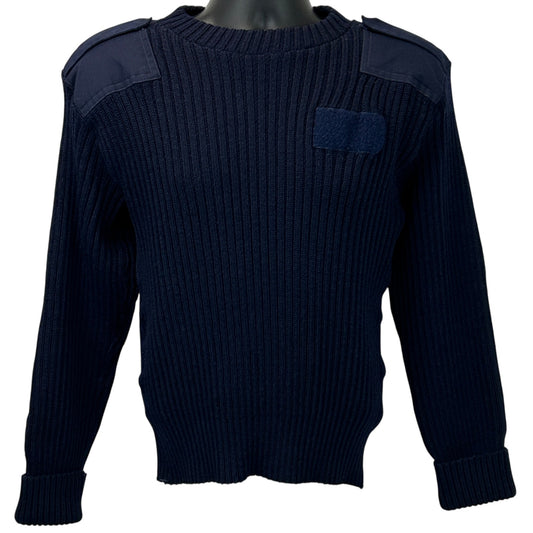 Vintage 80s Military Wool Sweater Epaulettes Elbow Patches Navy Blue Medium 40