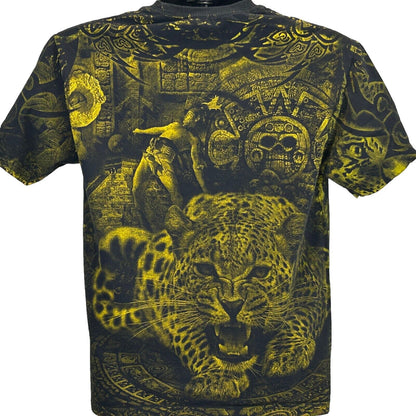 Camiseta con estampado integral Cancún México, camiseta mediana AOP con jaguar maya para hombre, color negro