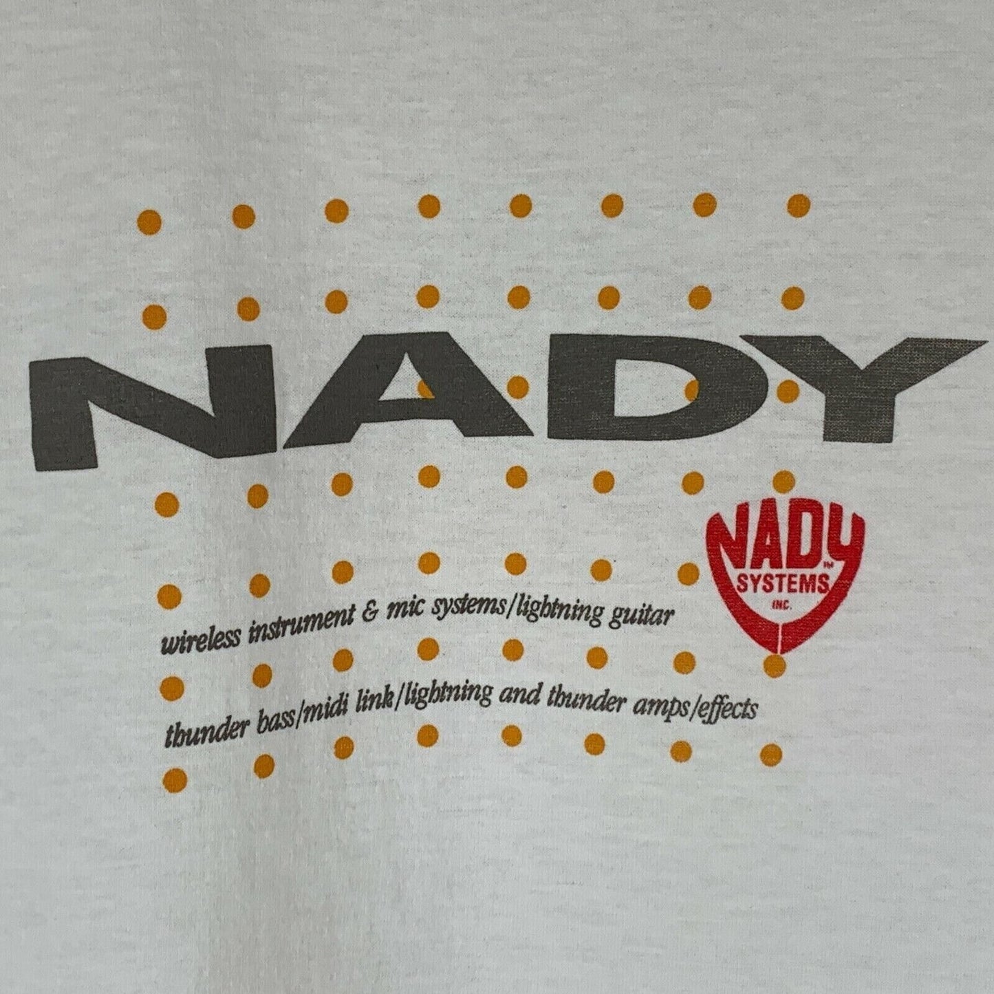 Camiseta vintage NADY Systems con amplificador de bajo y micrófono, años 80, para hombre, color blanco