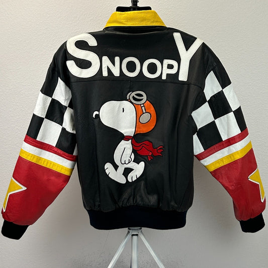 Vintage 90s Snoopy Peanuts Leather Bomber Jacket American Toons Black L Large - Neon Vintage