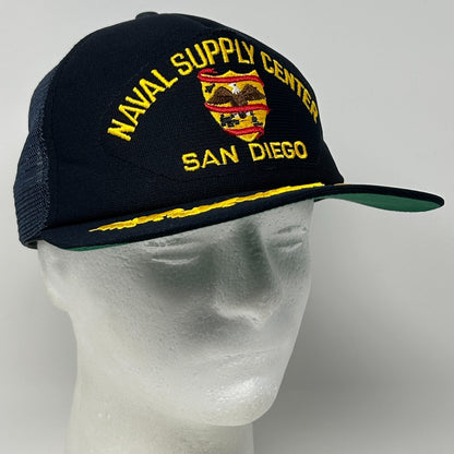 Vintage 80s Naval Supply Center San Diego Trucker Hat Cap US Navy Snapback Blue