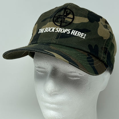 Vintage 90s Buck Stops Here Hat Baseball Cap Hunting Camouflage Green Snapback