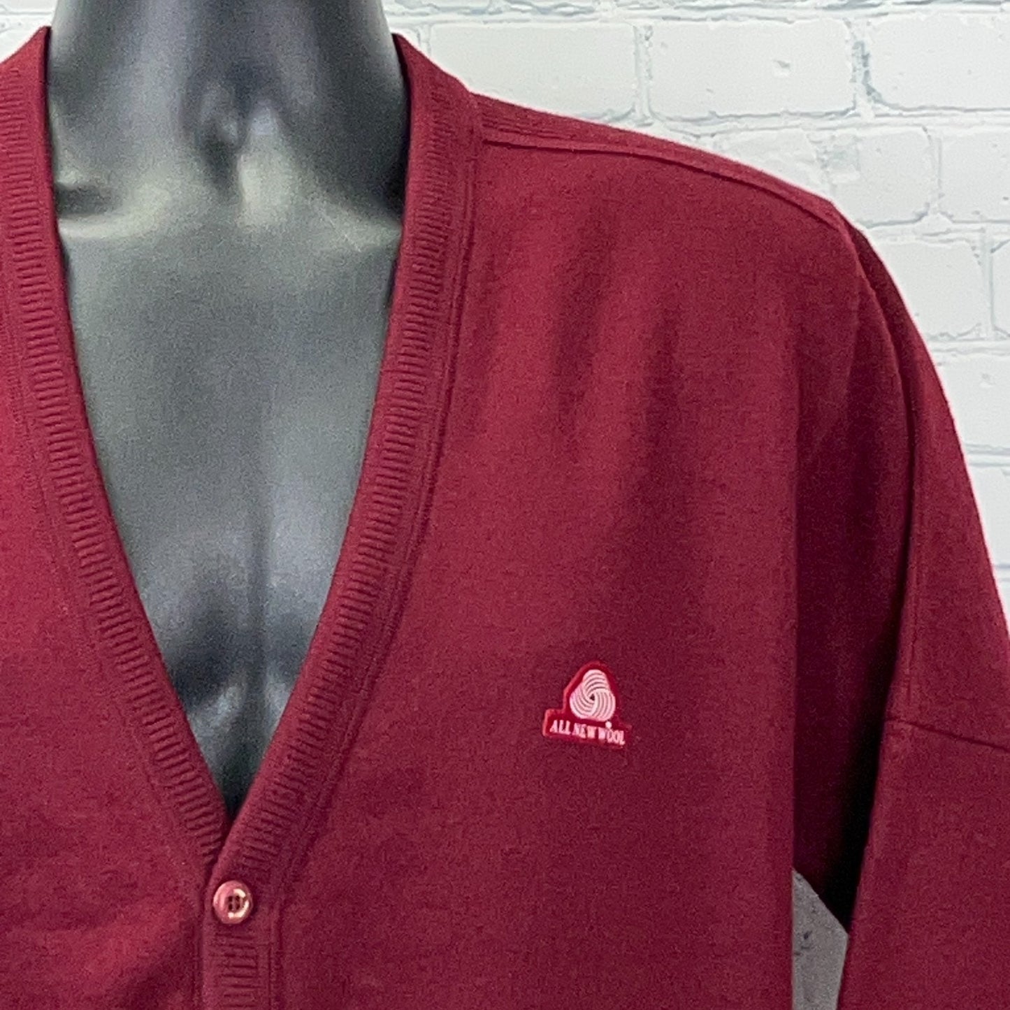 Vintage 90s All New Wool Logo Cardigan Sweater Red Long Sleeve Mens M Medium