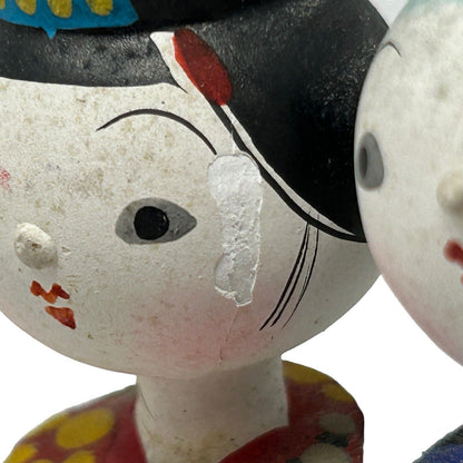 Vintage Japanese Wooden Ceramic Kokeshi Dolls Husband Wife Couple Handmade